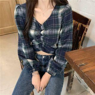 Long-sleeve V-neck Plaid Cropped Top