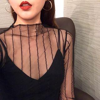 Mock Neck Striped Mesh Long-sleeve Top