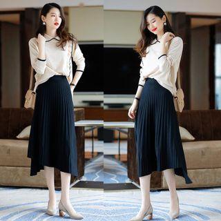 Set: Contrast Trim Knit Top + Pleated Midi Skirt
