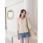 3/4-sleeve Faux-pearl Peplum Blouse