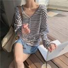 Long-sleeve Striped T-shirt Cardigan - Pink - One Size