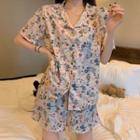 Loungewear Set : Short-sleeve Floral Shirt + Shorts Floral - One Size