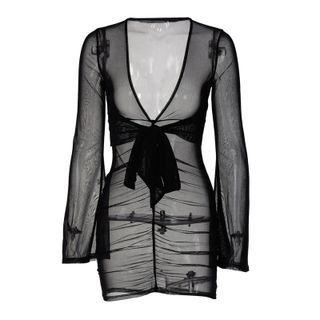 Long-sleeve Deep V-neck Tie-front Mini Bodycon Dress