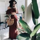 Set: Polka Dot Off-shoulder Crop Top + Slit Maxi Skirt