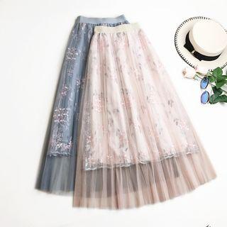 Flower Embroidered Mesh Midi A-line Skirt