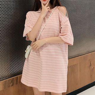 Elbow-sleeve Striped Cold-shoulder T-shirt