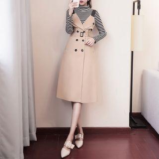 Set: Turtleneck Striped Long-sleeve T-shirt + V-neck Tie Waist Suspender Dress