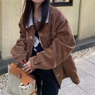 Fleece Panel Corduroy Pocket-detail Long-sleeve Jacket Dark Coffee - One Size