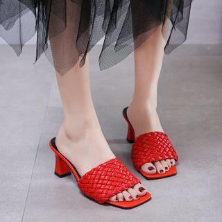 Woven Faux Leather Chunky Heel Slide Sandals