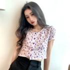 Short-sleeve Floral Print Cropped T-shirt Purple - One Size