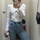 Long-sleeve Knotted Shirred Top