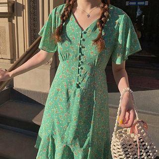 Floral Print Short-sleeve Ruffle-hem Dress Green - One Size
