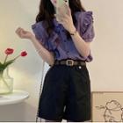 Puff-sleeve Collar Chiffon Blouse / High Waist Shorts