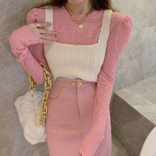 Long-sleeve Lace Blouse / Knit Vest / Midi Fitted Skirt