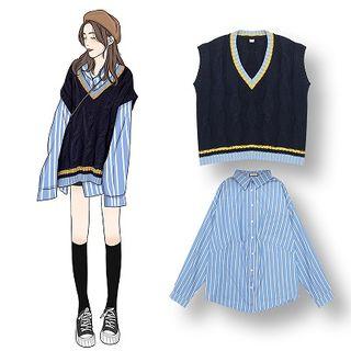 V-neck Knit Vest / Striped Shirt