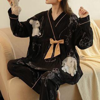 Loungewear Set : Long-sleeve Bow Rabbit Print Top + Pants