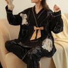Loungewear Set : Long-sleeve Bow Rabbit Print Top + Pants