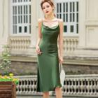 Spaghetti Strap Draped Midi Sheath Dress