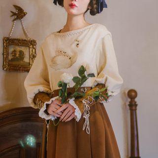 Long-sleeve Lace-up Tasseled Midi A-line Dress