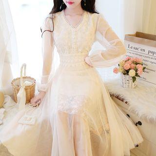 Lace Trim Long-sleeve Mesh Overlay A-line Midi Dress