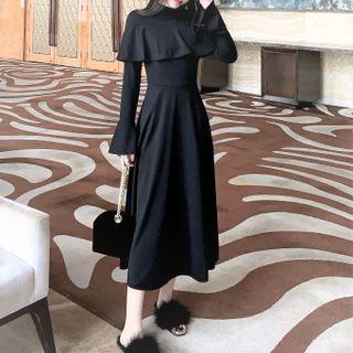 Long-sleeve Mock-neck Ruffle Panel Midi A-line Dress