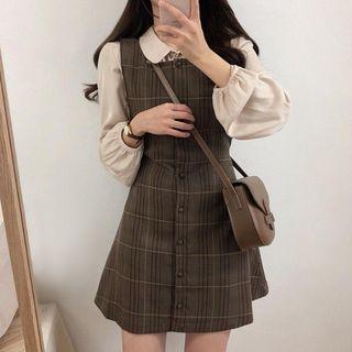 Plain Lantern-sleeve Blouse / Plaid Mini Pinafore Dress / Set