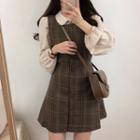 Plain Lantern-sleeve Blouse / Plaid Mini Pinafore Dress / Set
