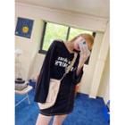 Letter V-neck Slit-shoulder T-shirt