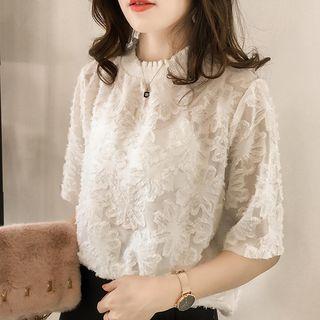 Lace Elbow Sleeve Chiffon Blouse