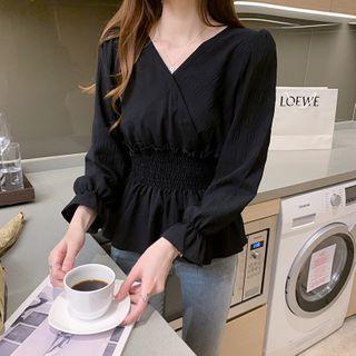 Long-sleeve V-neck Plain Ruffled Trim Top