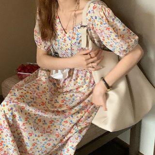 Puff-sleeve V-neck Floral A-line Dress