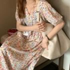 Puff-sleeve V-neck Floral A-line Dress