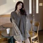 Printed Leopard Loose-fit Long-sleeve Shirt Dress / V-neck Plain Vest