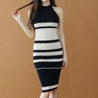 Halter-neck Striped Color Block Slim-fit Knit Dress