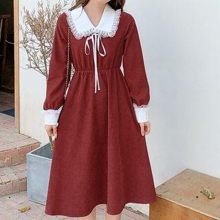 Long-sleeve Peter Pan Collar Plain Panel Lace Trim Midi Dress