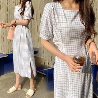 Round-neck Tie-waist Checked Dress White - One Size