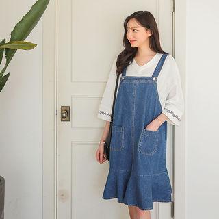 Ruffle-hem Denim Overall Dress