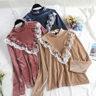 Lace-trim Velvet Long-sleeve Top