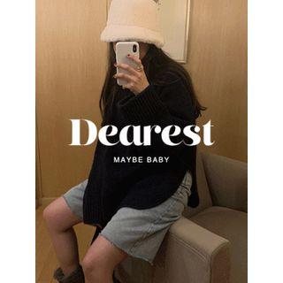 Raglan-sleeve Slit-side Wool Blend Sweater One Size