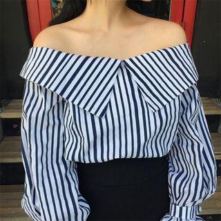 Off-shoulder Pinstripe Puff-sleeve Blouse