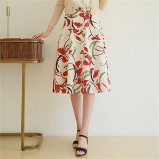 Button-detail Floral Print Flare Skirt