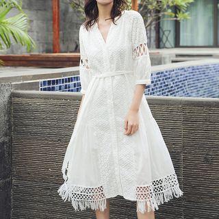 Fringed Hem 3/4-sleeve Midi Dress