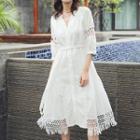 Fringed Hem 3/4-sleeve Midi Dress