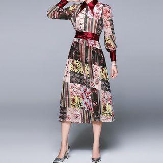 Lantern-sleeve Print Midi A-line Shirtdress