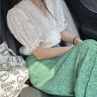 V-neck Lace Blouse / Floral Print Midi A-line Skirt