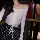Off-shoulder Long-sleeve Drawstring-front Knit Top / Slit-side Dotted Midi Skirt