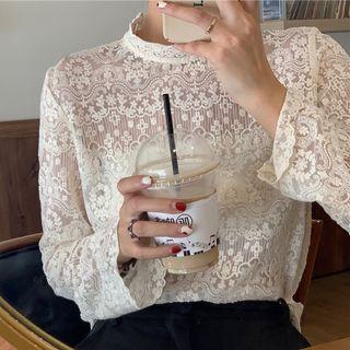 Mock-turtleneck Long-sleeve Lace Top As Shown In Figure - One Size