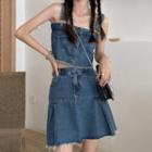 Cropped Denim Camisole Top / Frayed A-line Skirt