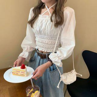 Puff-sleeve Tie-neck Ruffled Cropped Top White - One Size