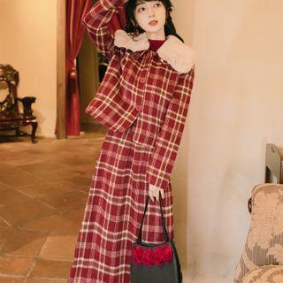 Set: Plaid Button-up Jacket + Midi A-line Skirt